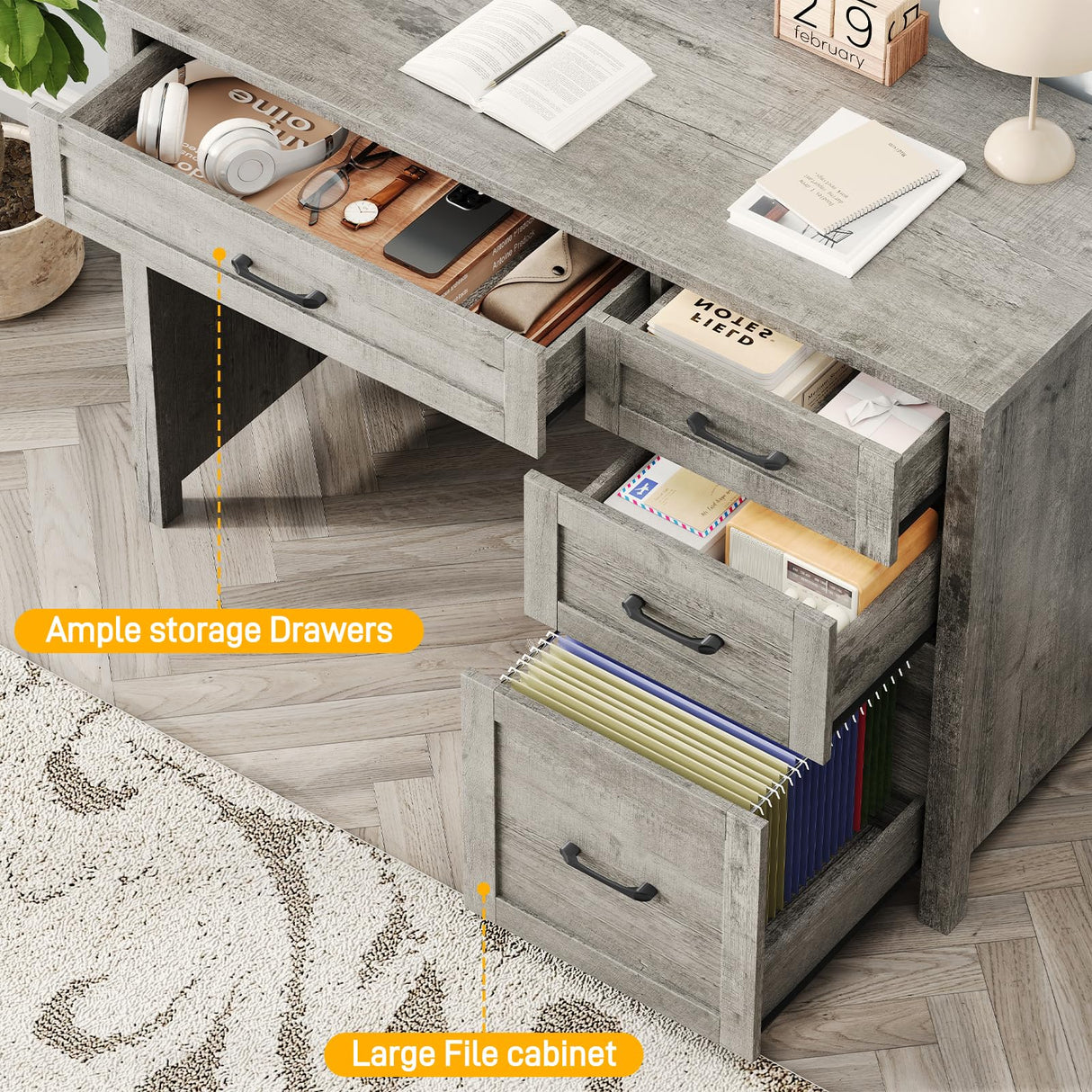 Halitaa Farmhouse 47" Executive Desk, Computer Desk with File Drawer and Charging Station, Workstation for Home Office, Study.Grey Halitaa