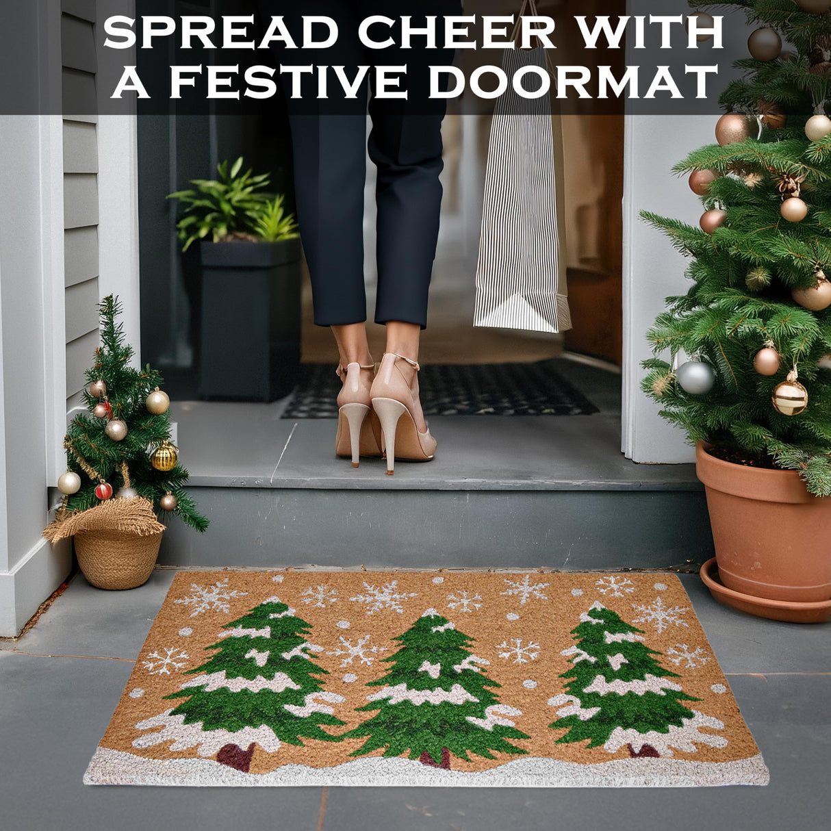Christmas Tree Door Mat 30x17 Inch, Winter Holiday Welcome Mat for Covered Outdoor Area, Coir Doormat w/Non-Slip PVC Backing MAINEVENT