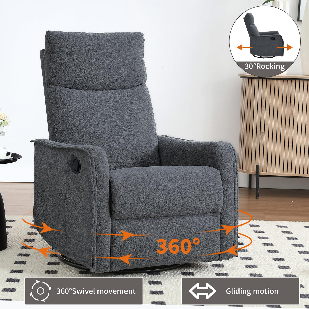 PELUMY Rocker Recliner Chair with Heat Massage - Manual Swivel Recliner for Living Room and Bedroom, 8 Vibration Points, Lumbar Heat, Glider Rocking Chair for Adults (Dark Grey) PELUMY