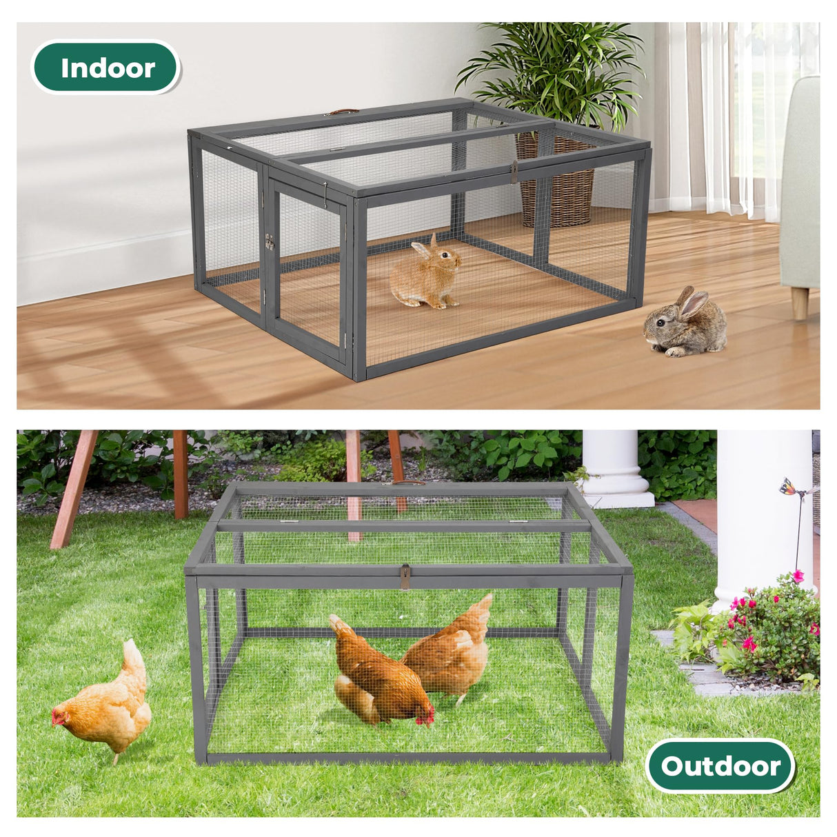 COZIWOW Folding Wooden Chicken Coop Chicken Run, Indoor Outdoor Run with Mesh Cover, Portable Large Rabbit Hutch Small Animal Poultry Cage for Chicks, Duck, Bunny, Kitten, Puppy, Grey COZIWOW