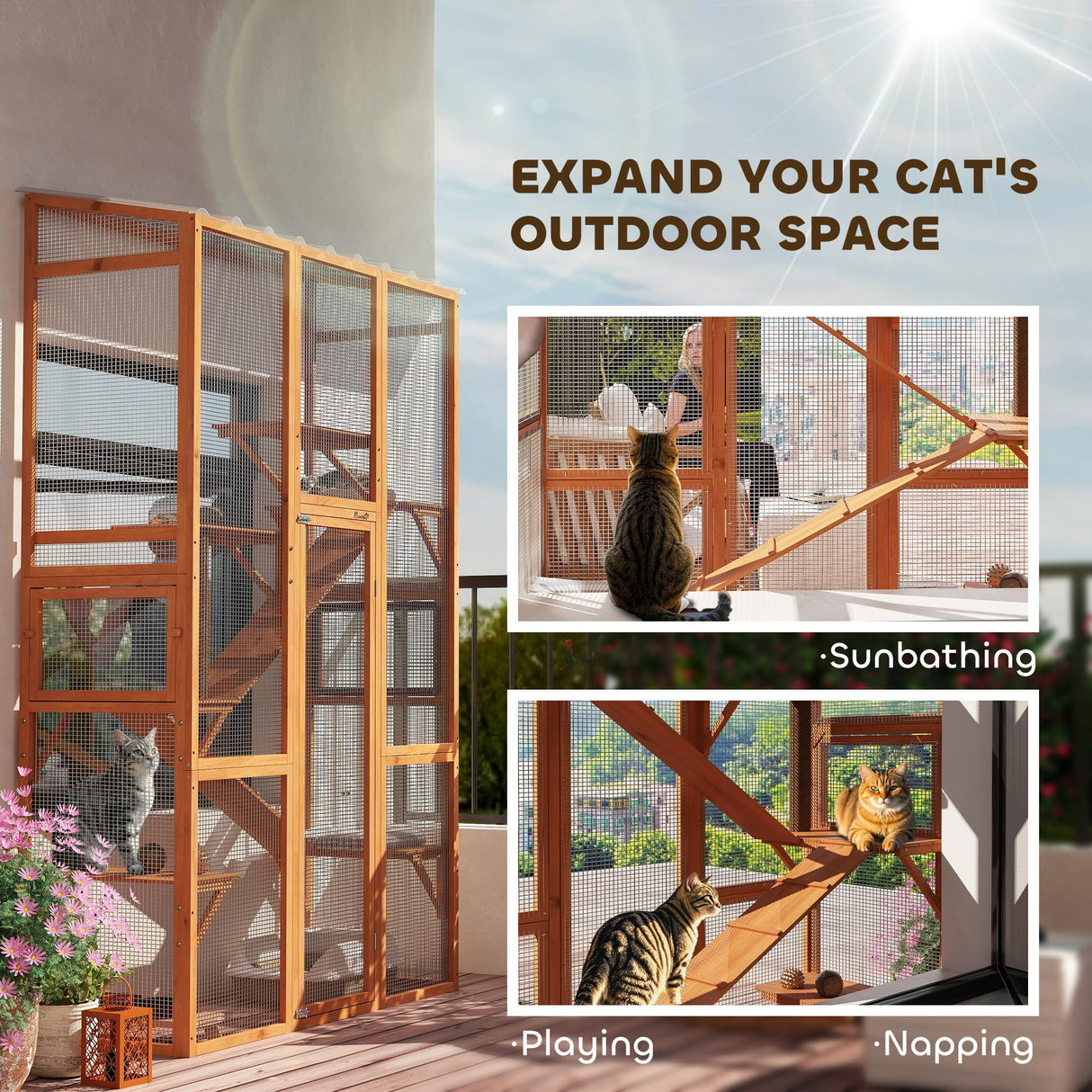 PawHut Outdoor Catio Cat Enclosure, Large Wooden Cat House with 6 Jumping Platforms, Scratching Post, 2 Ramps, Waterproof Roof, Cat Cage Window Access for 2-3 Kittens, 99" H, Orange PawHut