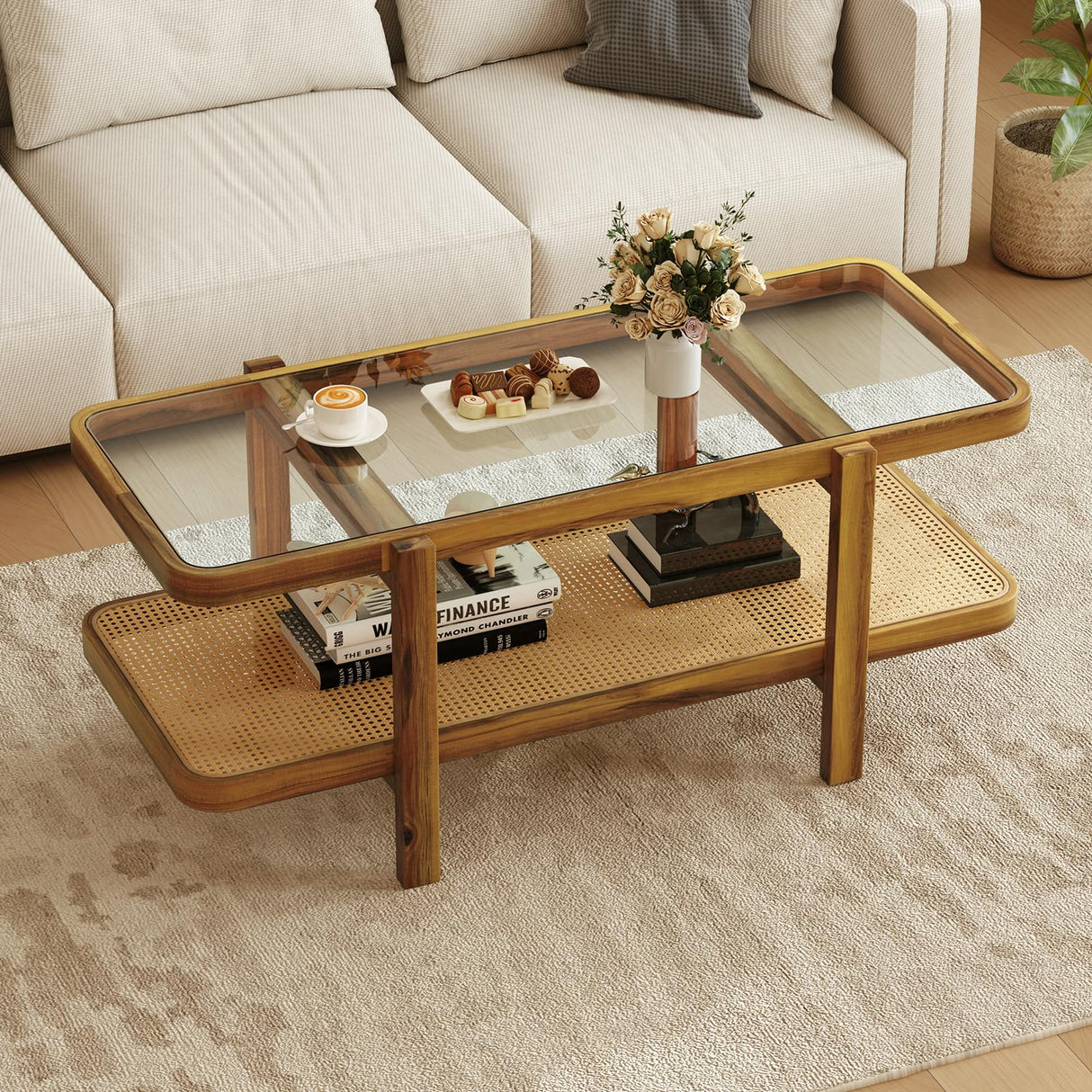 Giantex Rattan Coffee Table, 47.5" Rectangle Solid Wood Tea Table w/Tempered Glass Tabletop, Rattan Storage Shelf, 2-Tier Boho Coffee Tables, Farmhouse Center Table for Living Room (Oak) Giantex