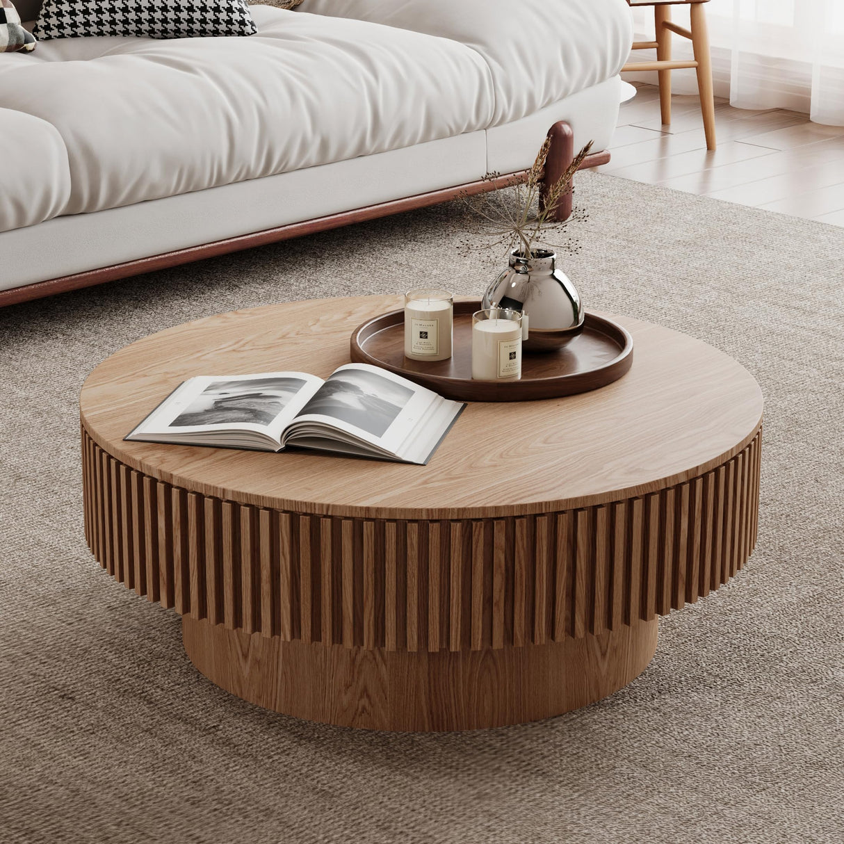 BSYEIO 31.5''Round Coffee Table with Storage, Modern Luxury Circle Drum Center Tables with Solid Wood Veneered, Accent Side Coffee Table for Living Room, Bedroom, Apartment-Natural BSYEIO
