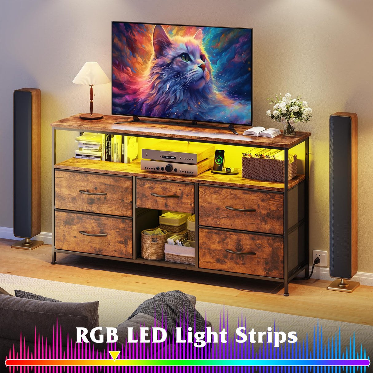 EnHomee TV Stand Dresser for Bedroom with 5 Drawer,Entertainment Center for 50 inch Television, Media Console Table with Storage, Open Shelf, Living Room,Rustic Brown EnHomee