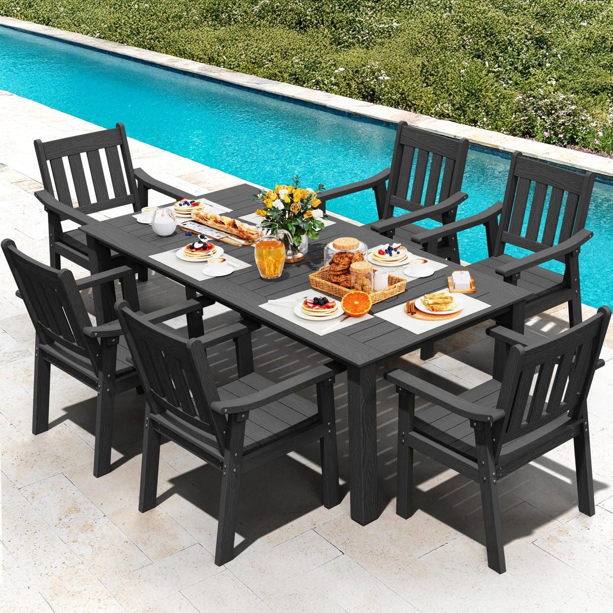 YEFU HIPS Patio Table Set: 7 Piece Outdoor Table and Chairs Dining Furniture Set with Umbrella Hole - Black Modern Plastic Dining Sets 6 Person for Outside Deck with Metal Aluminum Frame YEFU