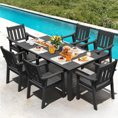 YEFU HIPS Patio Table Set: 7 Piece Outdoor Table and Chairs Dining Furniture Set with Umbrella Hole - Black Modern Plastic Dining Sets 6 Person for Outside Deck with Metal Aluminum Frame