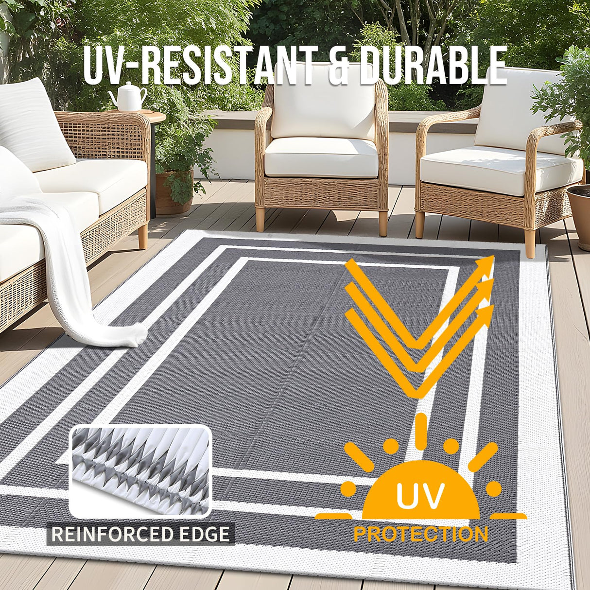 OLANLY Outdoor Rug 5x8 ft Waterproof, Reversible Outdoor Plastic Straw Rug, RV Mat, Indoor Outdoor Carpet Clearance for Patio, Camping, Balcony, Deck, Backyard, Grey & White OLANLY