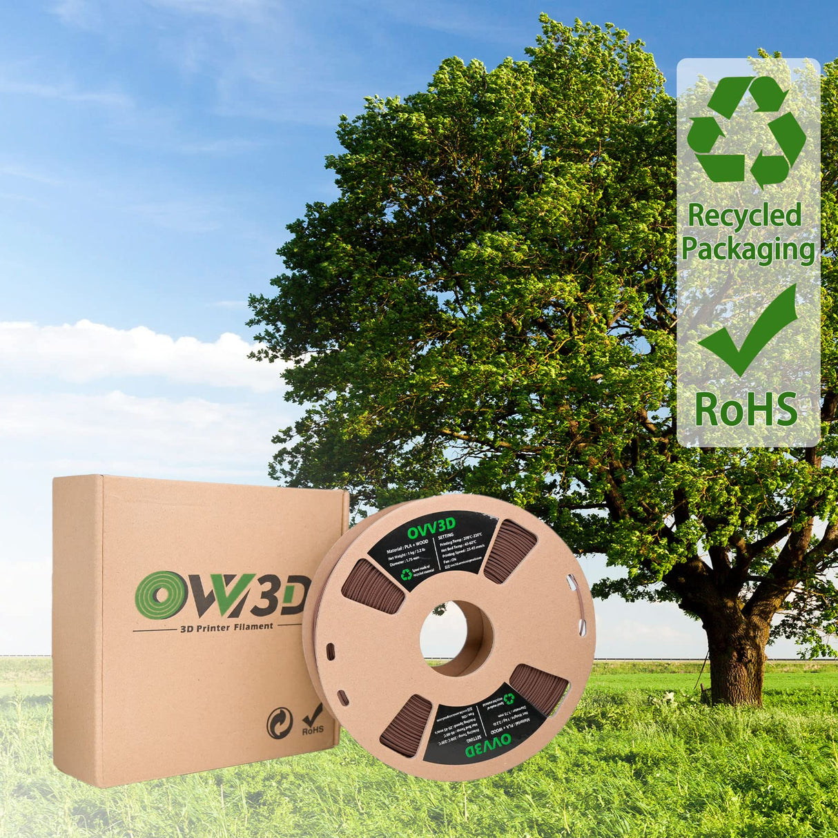 OVVNYXE OVV3D Wood PLA Filament 1.75mm, Black Walnut Wood 3D Printer Filament, Wood Add More Than 30% Real Wood Fiber, Matte and Frosted 1.75 Wood Printing 1kg OVVNYXE