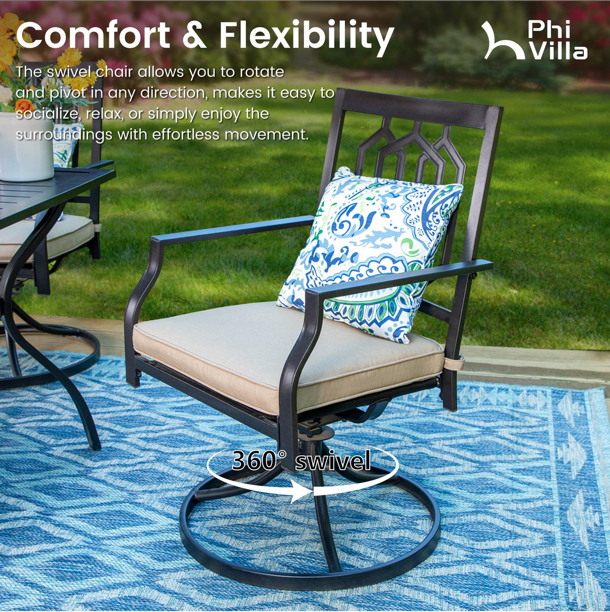 PHI VILLA 9 Piece Outdoor Dining Set for 8, Square Metal Table (60") with Umbrella Hole and Swivel Chairs with Cushions– Perfect for Patio, Garden, Deck, Porch, and Backyard PHI VILLA