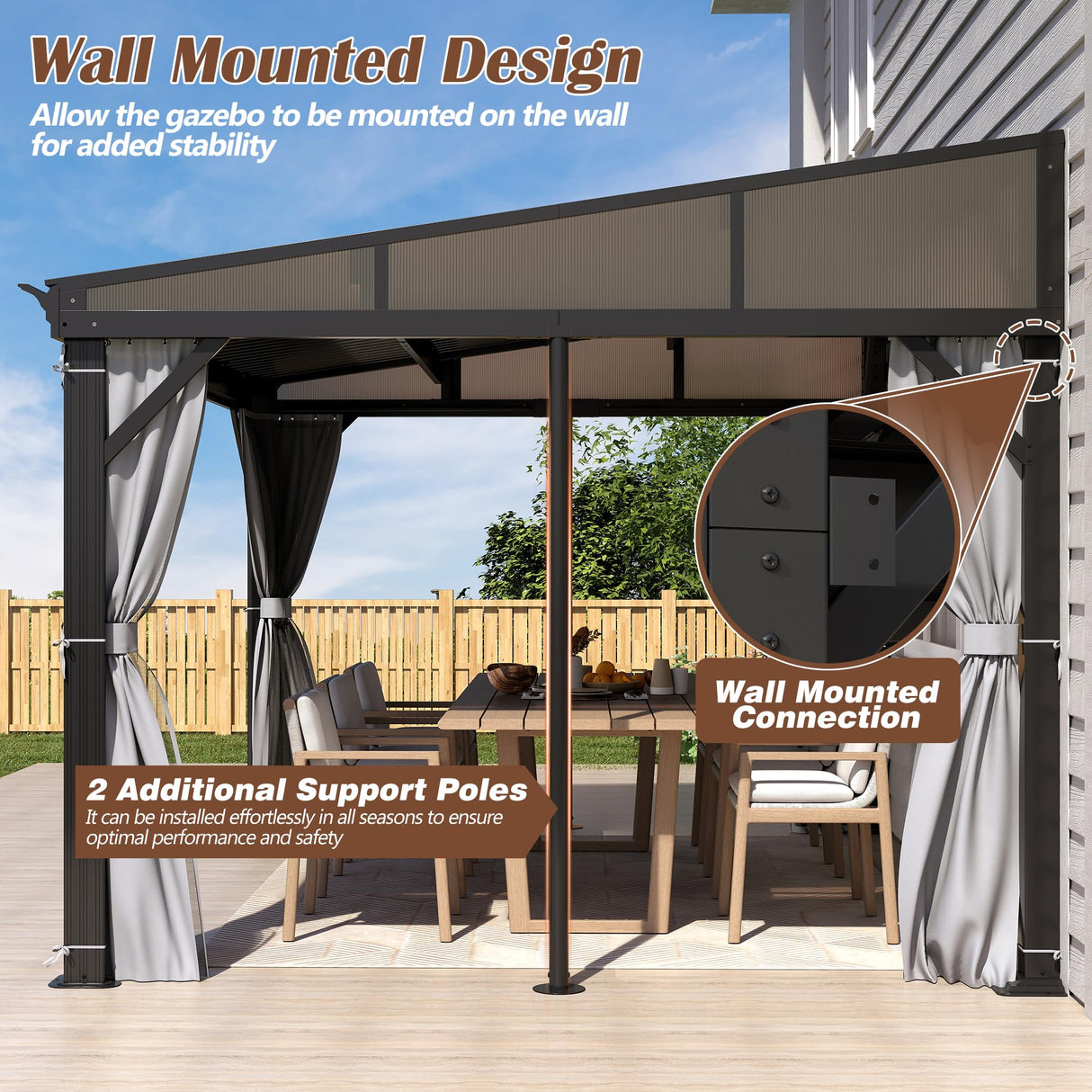 10' x 12' Hardtop Wall Mounted Gazebo, Lean to Gazebo with Galvanized Steel Roof Aluminum Frame Wall Gazebos Pergola with Netting&Curtains for Outdoor, Backyard, Patio Raysfung