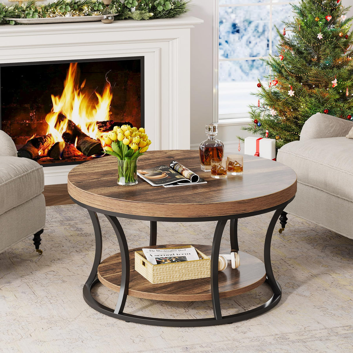 Condemo Round Coffee Table for Living Room, 2-Tier Circle Coffee Table with Storage, Accent Center Table Modern Design, Rustic Brown and Black Condemo