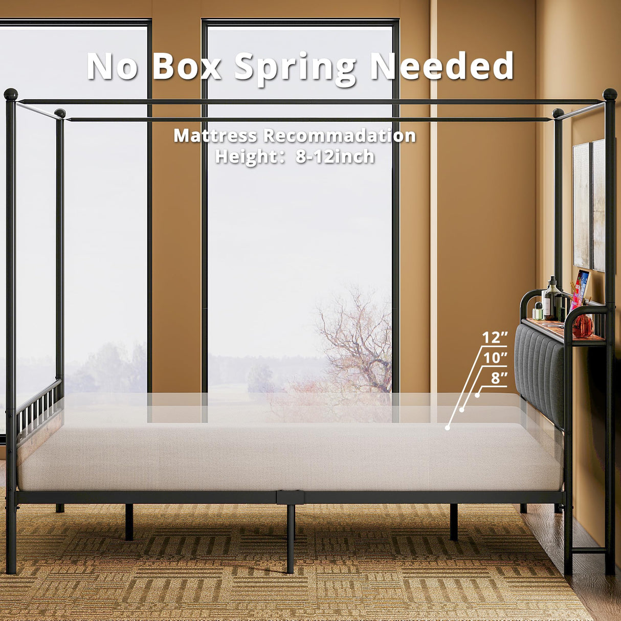 Queen Canopy Bed Frame with Storage Headboard and Charging Station in Vintage Brown LIKIMIO