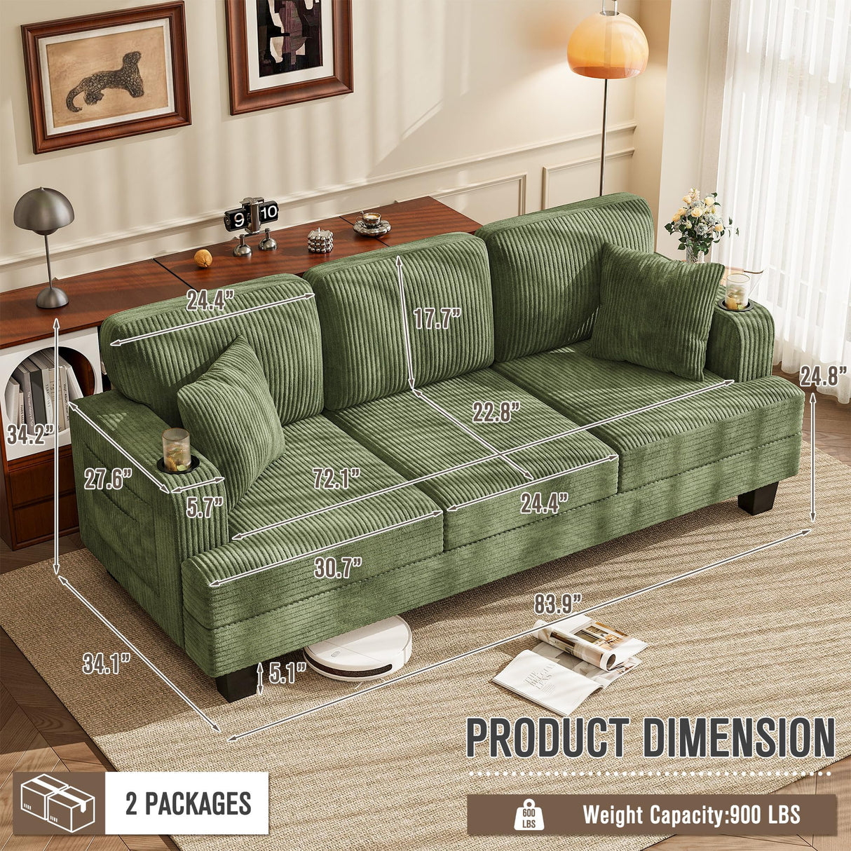 Homall Couch for Living Room, 83" Couches with Soft Deep Seats, Modern Sofa 3 Seater in Corduroy for Apartment, Bedroom (Green) Homall