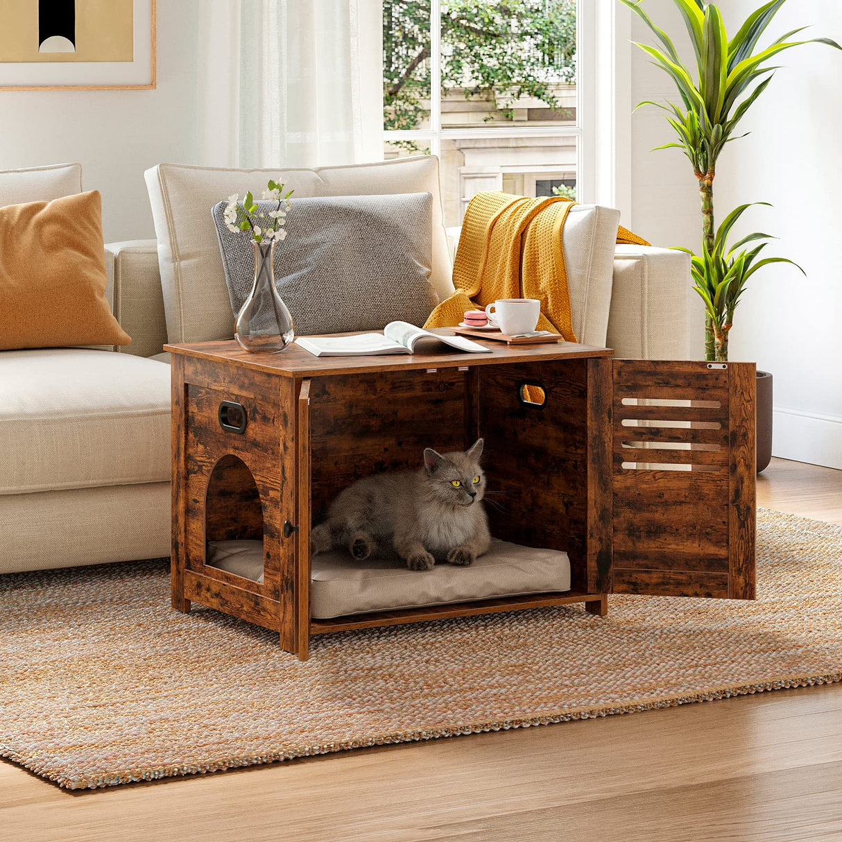 DINZI LVJ Litter Box Enclosure, Cat Litter House with Louvered Doors, Entrance Can Be on Left or Right Side, Spacious Hidden Washroom for Most of Litter Box, Cat Furniture Cabinet, Rustic Brown DINZI LVJ