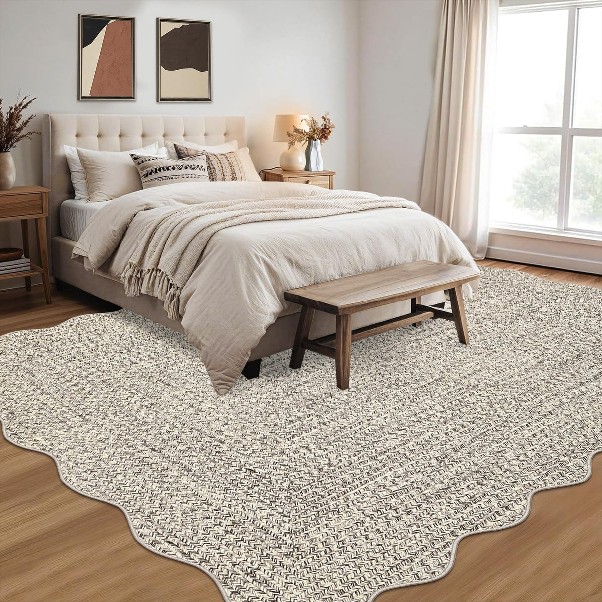 Garvee Printed Rug (Not Woven!) 8x10 Living Room Area Rug Non-Slip Washable Rugs, Farmhouse Scalloped Large Bedroom Rugs Stain Resistant Ultra-Thin Foldable Carpet for Nursery Dining Room Garvee