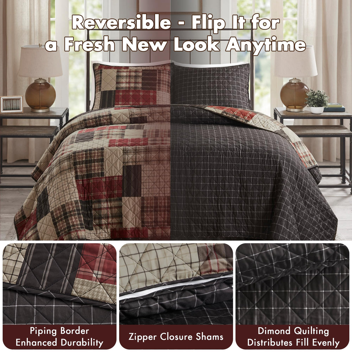 Madison Park King Quilt Set Patchwork Farmhouse, Diamond Quilting Reversible Coverlet Set for King Size Bed, Plush Cotton Filled Quilt Set King Size, Shams King/Cal King Red/Black 3 Piece Madison Park