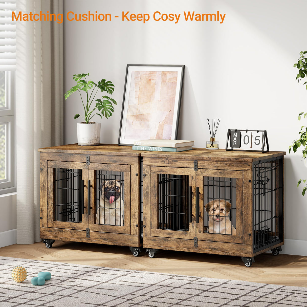 Lulive Small Dog Crate Furniture, Dog Kennel Indoor Double Doors Wooden Dog Cage, 27.1'' Heavy Duty Dog Crate with Cushion & Wheels, Decorative End Table Pet House Chew-Resistant for Small Dogs, Brown Lulive