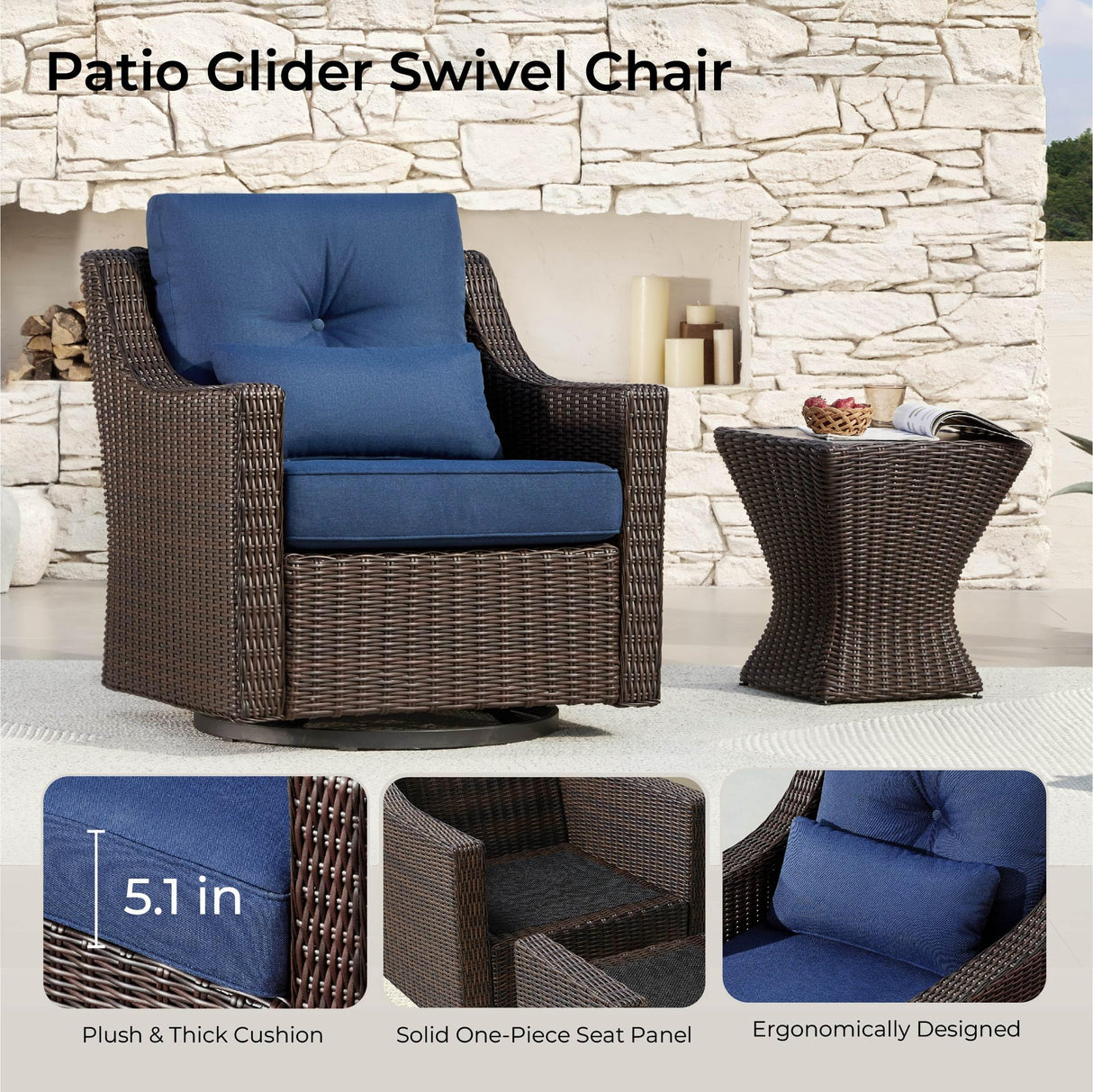 CHITA 5 Pieces Wicker Patio Furniture Set, Outdoor Conversation Set with 2 Pieces Rocking Swivel Chairs, 2 Pieces Ottomans and Side Table, Blue Cushions with Chestnut Wicker CHITA