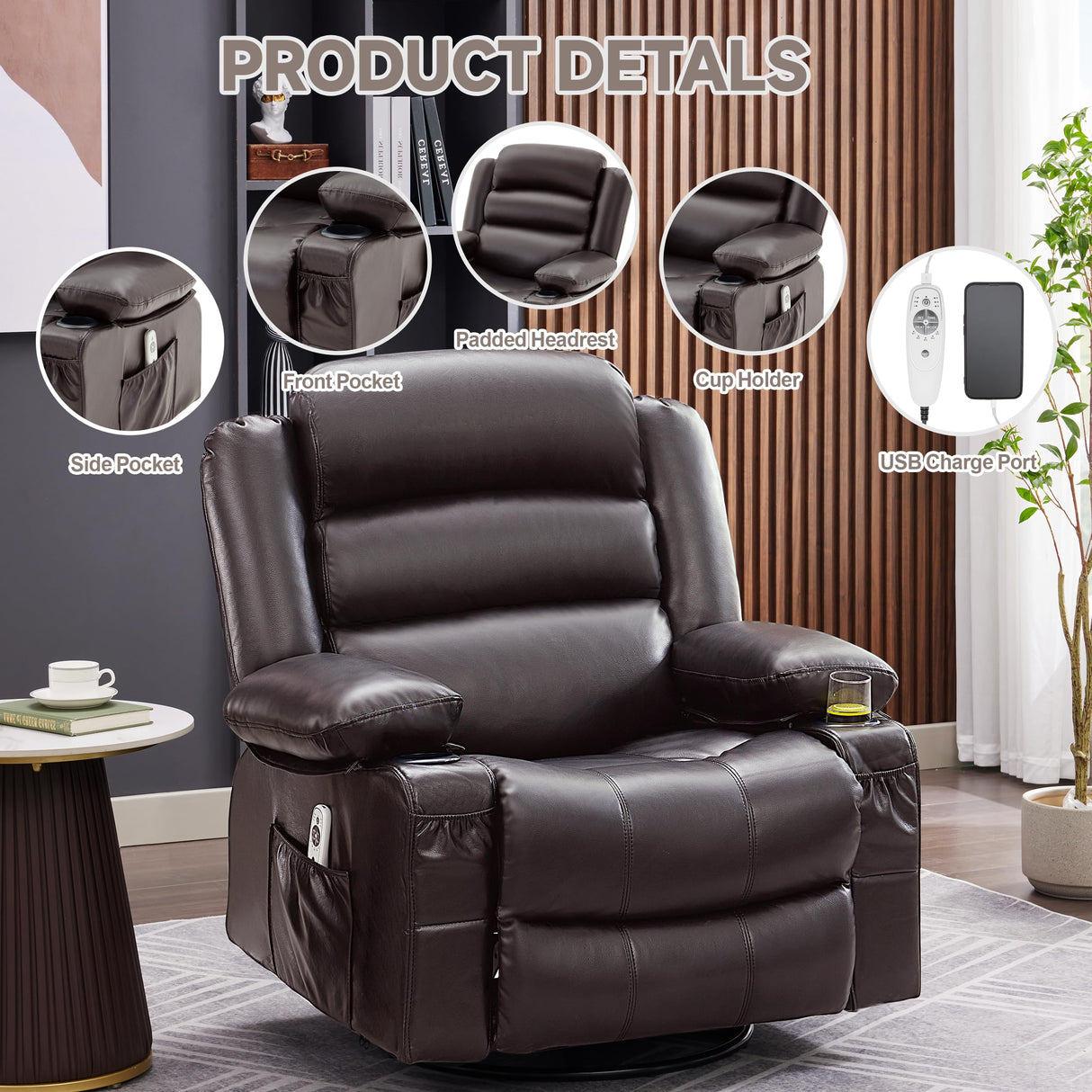 Huatean Home Rocker Recliner Chair with Heat and Massage, 360° Swivel Recliner Chairs for Adults, Oversized Recliner Single Sofa Seat with Cup Holders, Lazy Boy Recliner (Darkbrown, Regular) Huatean Home