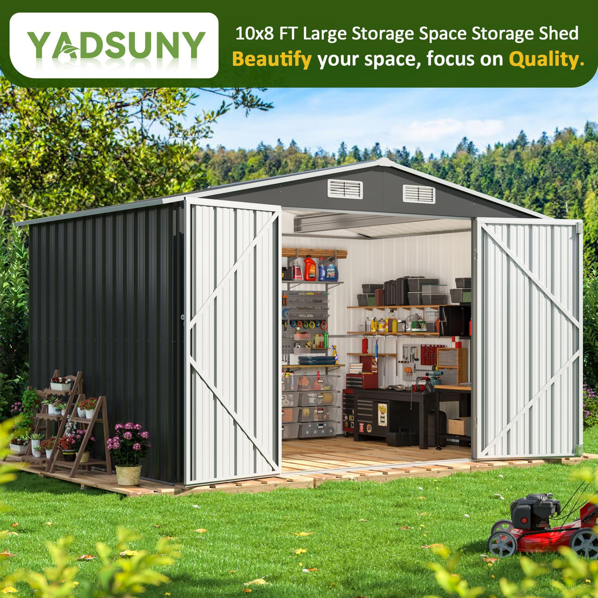 YADSUNY 10x8 FT Outdoor Storage Shed, Metal Garden Tool Shed with Updated Frame Structure and Lockable Doors, Ideal for Backyard Garden Patio Lawn, Grey YADSUNY
