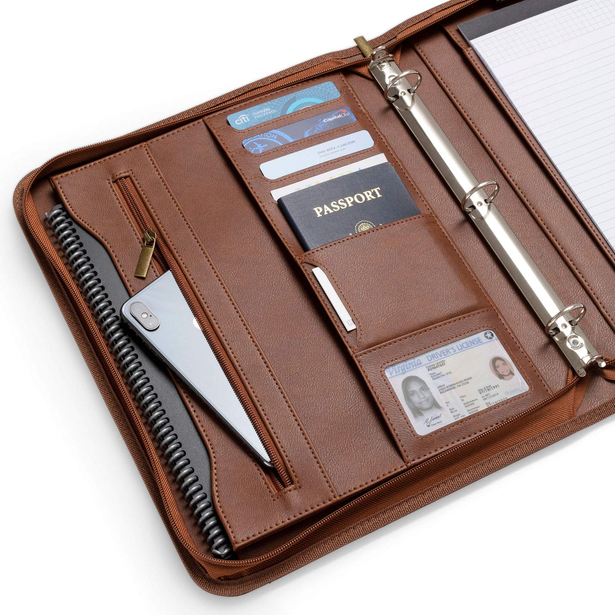 Forevermore Portfolios Portfolio Organizer - 3 Ring Binder with Notepad - 1.5 Inch Rings - Zippered Storage Pockets for Papers, Travel Documents, Presentation Folder, Cards, Passport, Tickets - Brown Forevermore Portfolios