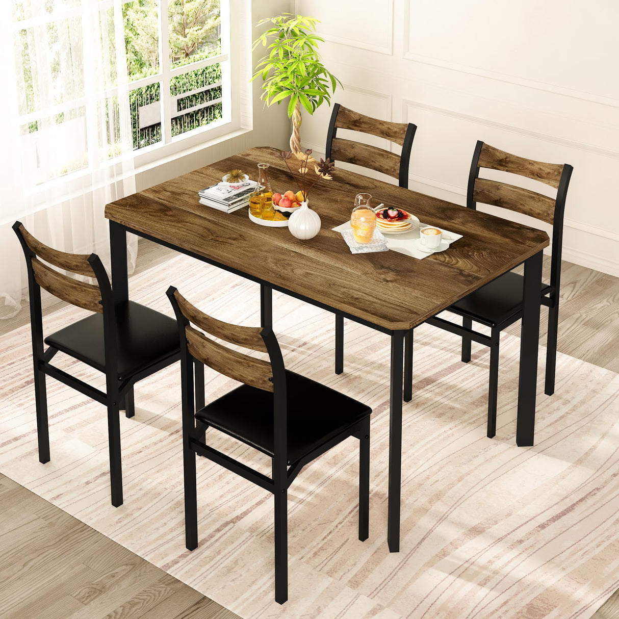 DKLGG Dining Table Set for 4, 43.3" Dining Room Table with 4 Upholstered PU Leather Chairs, Modern Wood Kitchen Table and Chairs Set, 5-Piece Dinette DKLGG