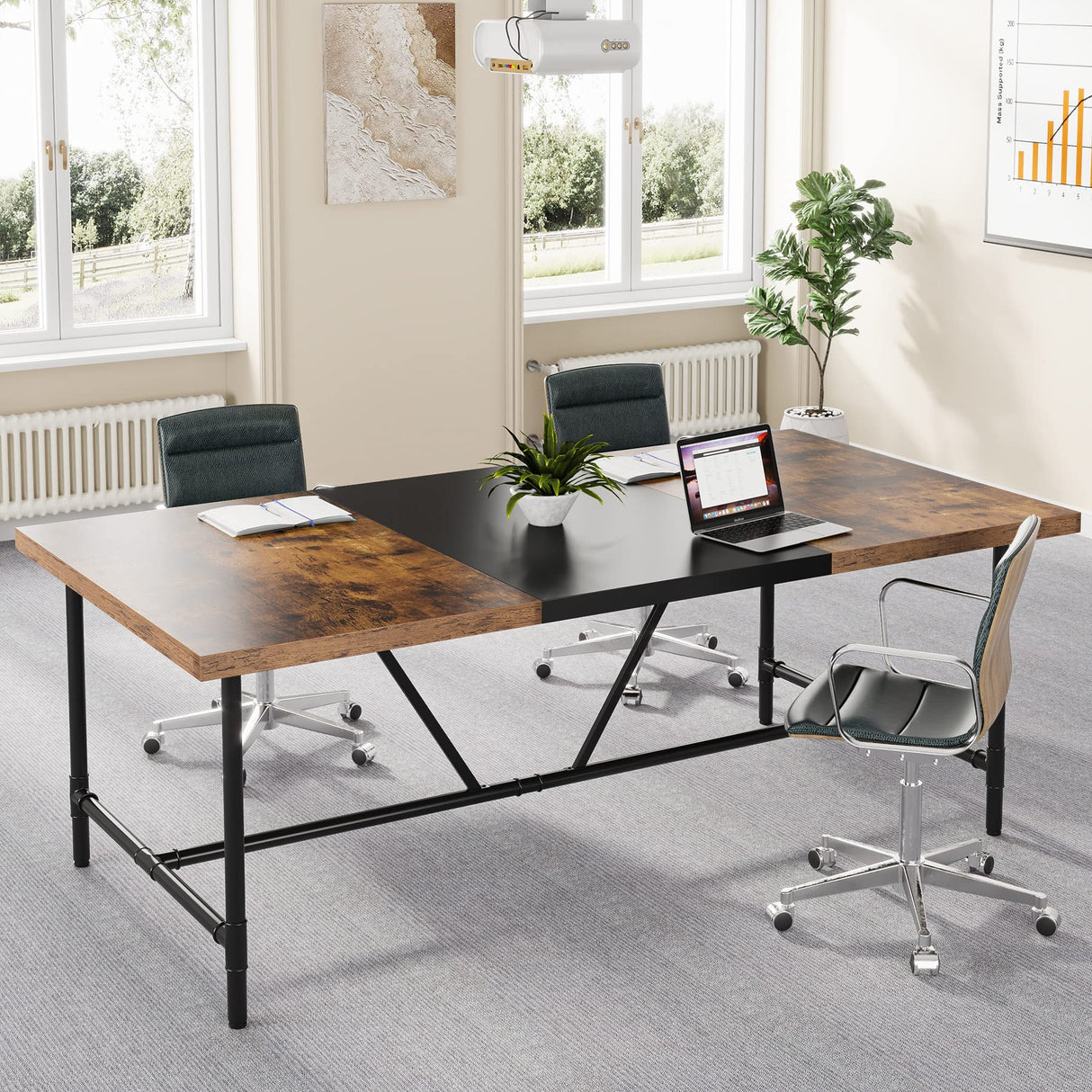 Tribesigns 6FT Conference Table, 70.8" W x 35.4" D Meeting Table Conference Room Tables with Pipe Metal Frame, Rectangle Training Seminar Table Computer Desk for Home Office, Brown Tribesigns