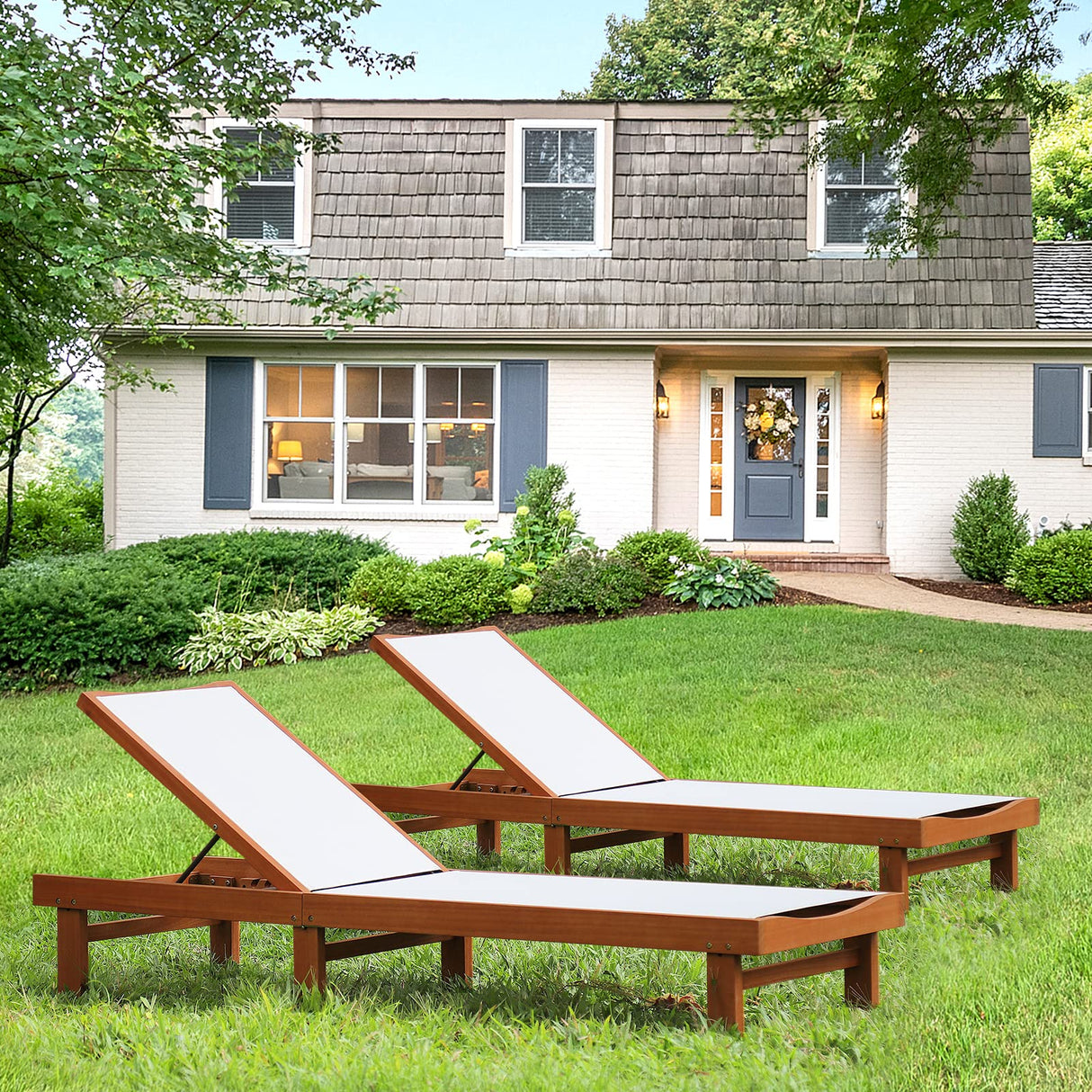 Tangkula Outdoor Wood Chaise Lounge Chair, Patio Chaise Lounger with 5-Postion Adjustable Back, Eucalyptus Wood Reclining Lounge Chair with Breathable Fabric for Poolside Lawn Backyard (2, White) Tangkula