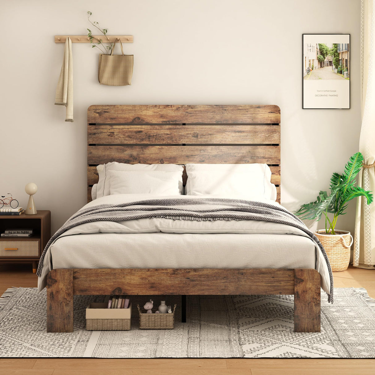 Queen Size Wooden Bed Frame with Headboard, Rustic Farmhouse Style Sturdy Bedframe with Wooden Slat Support, Noiseless, Easy to Assemble, No Spring Mattress Required. (Light Brown, Queen) QNICE