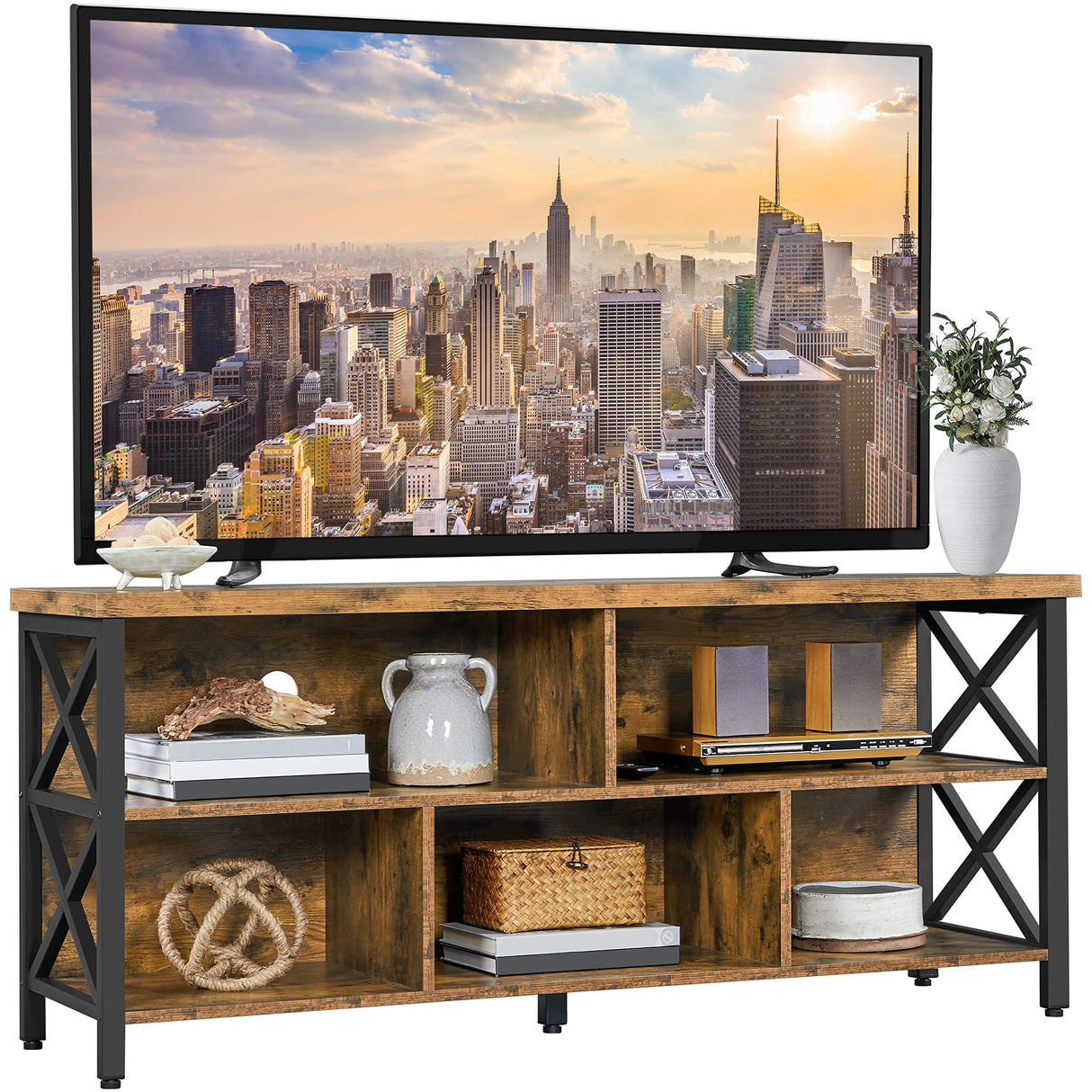 Yaheetech TV Stand for Living Room, Industrial Entertainment Center for 65 Inch TV, Rustic TV Console Stand with Storage Cabinets Wood and Metal, Rustic Brown Yaheetech