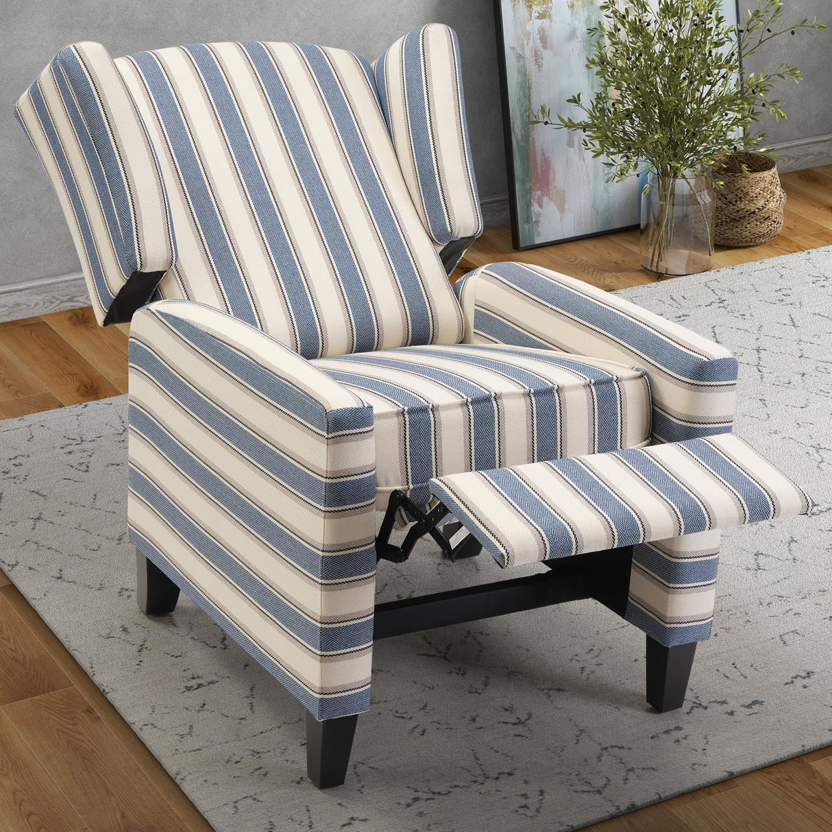 INZOY Wingback Pushback Recliner Chair, Fabric Push Back Recliners with Padded Seat, Mid Century Modern Reclining Chair for Living Room Bedroom, Blue Stripe INZOY