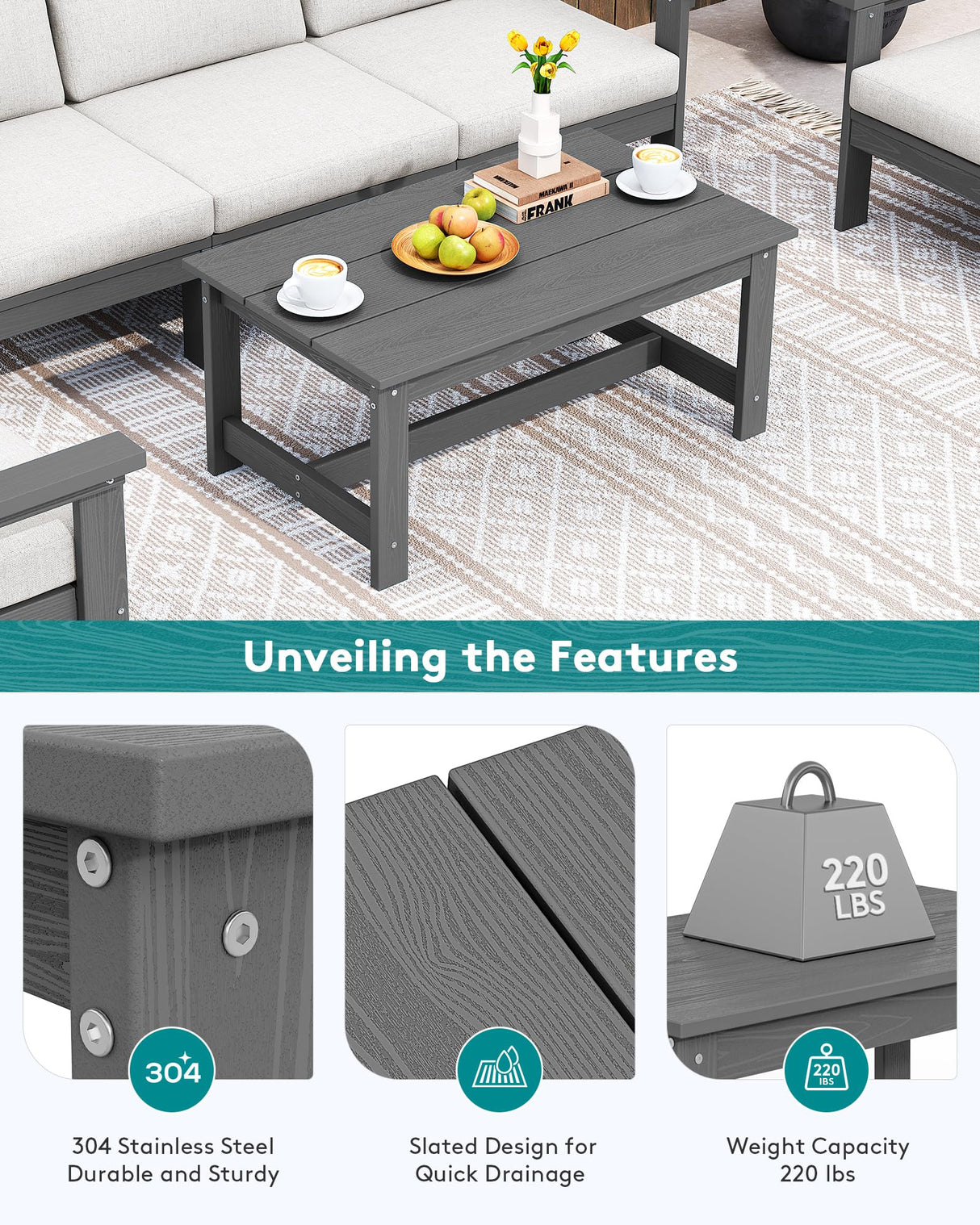 SERWALL HDPE Patio Coffee Table, Rectangle Outdoor Coffee Table, All-Weather Coffee Side Table for Balcony, Poolside, Deck, Garden, Gray SERWALL