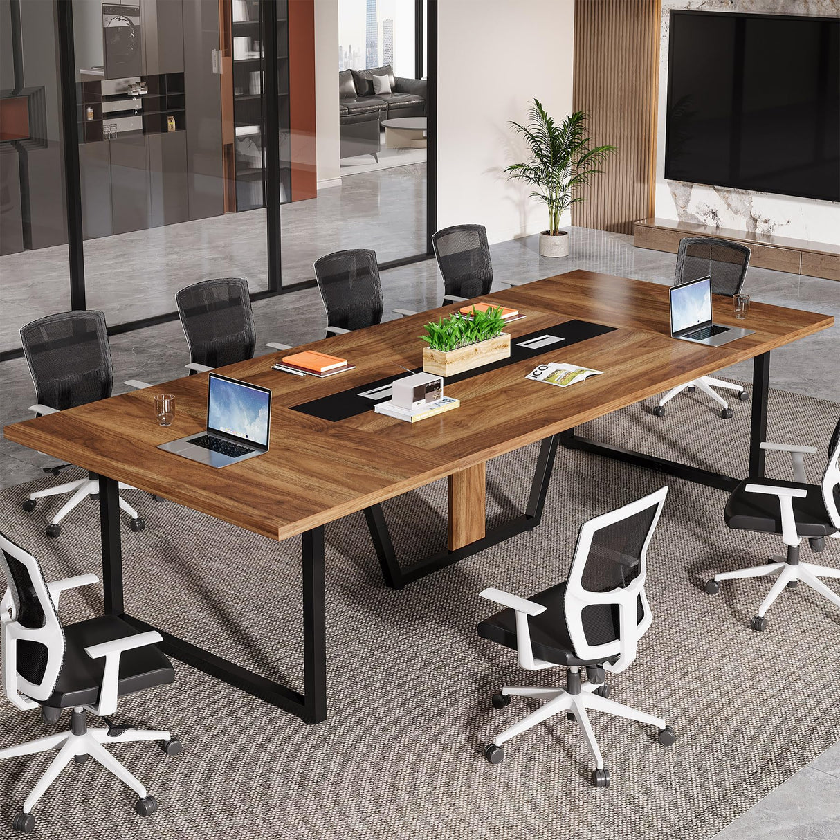 Tribesigns 8FT Large Conference Table for 10 People, Industrial 94.5-Inch Meeting Table with Two Grommets, Rectangular Podcast Training Table for Home Office, Studio, Business, 2 PCS Tribesigns