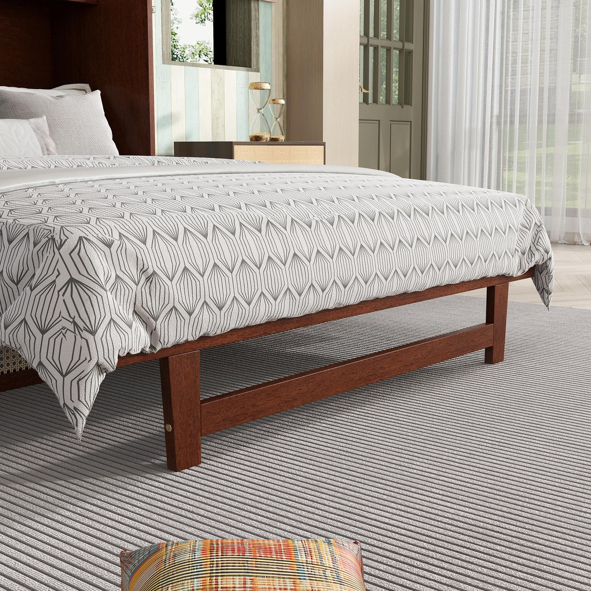 Ball & Cast Hideaway Cabinet Bed Queen Size,Wood Rattan Murphy Bedframe with Storage Drawer,Wall Platform can be Folded up,Space-Efficient Design,for Apartment,Bedroom,Walnut Ball & Cast