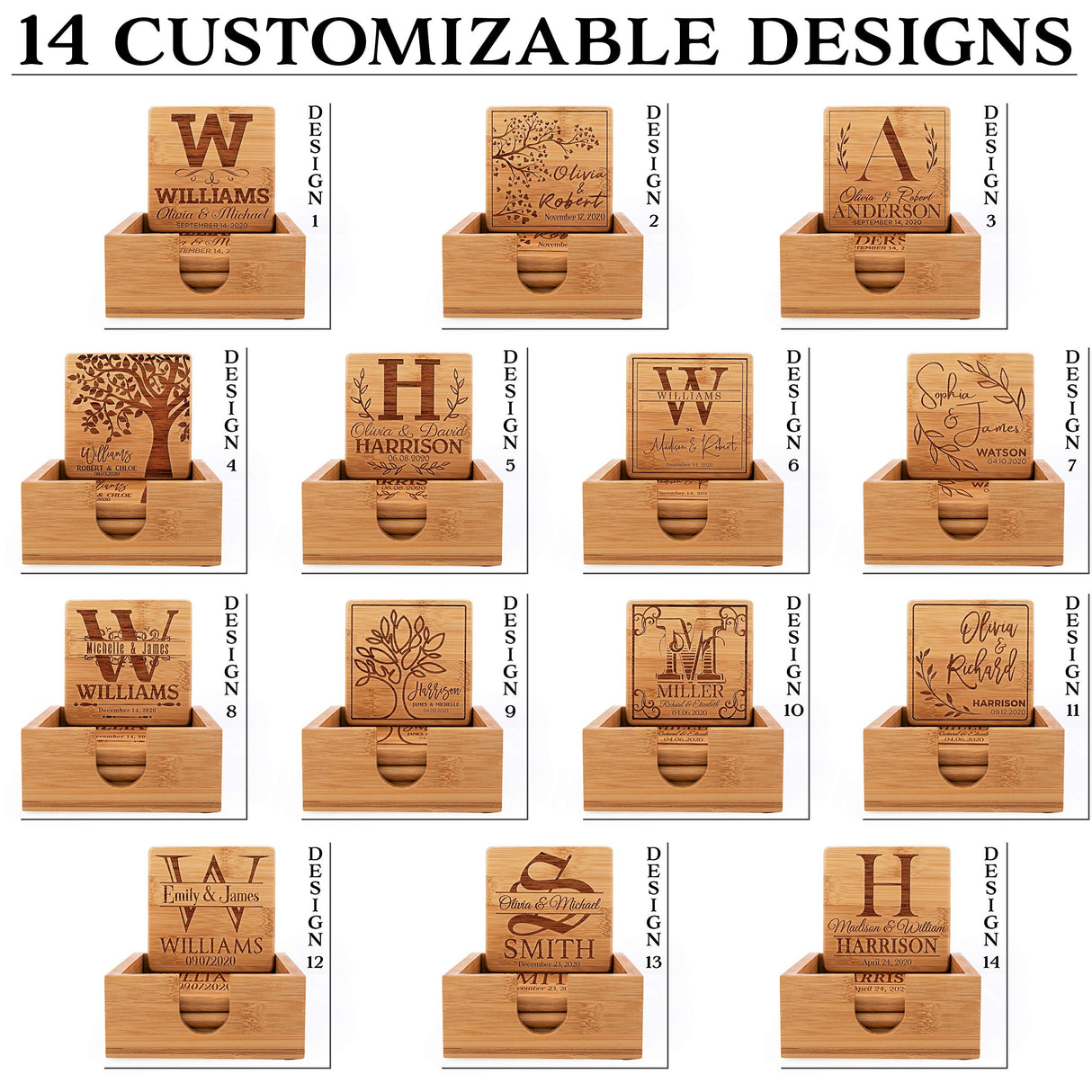 Personalized Coasters for Drinks, Set of 4, Laser Engraved Wedding Wooden Coaster w Holder | 14 Customizable Designs | - House Warming Presents for GIFTBYGIFTY