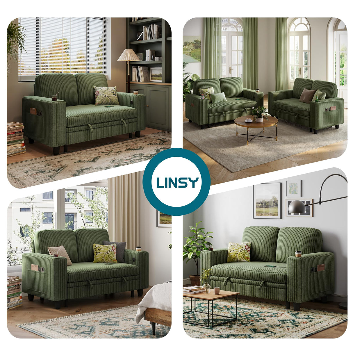 LINSY HOME Loveseat Sofa with Pull Out Couch Chaise: 2-in-1 Convertible 2 Seater Sofa with USB Charging & Cup Holders, Comfy Plush Corduroy Love Seat for Small Spaces Living Room Apartment, Green LINSY HOME