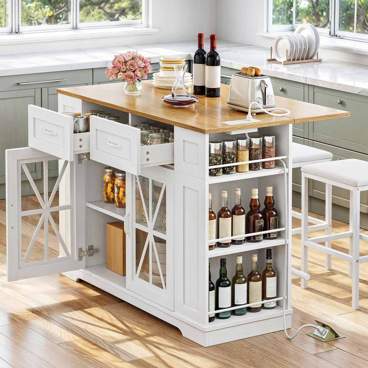 YITAHOME Kitchen Island with Drop Leaf, 47 Inch Mobile Storage Island with Seating, Rolling Islands Table with Power Outlet & 2 Bar Stools on Wheels, White Oak YITAHOME