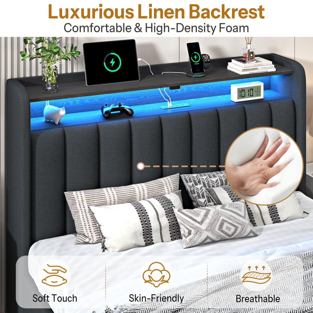 ChicZhiNest Queen Bed Frame with 2 Storage Drawers & Large Footboard Cabinet, LED Lights & USB Charging Station, Linen Upholstered Platform Bed with Headboard, No Box Spring Needed, Dark Grey ChicZhiNest