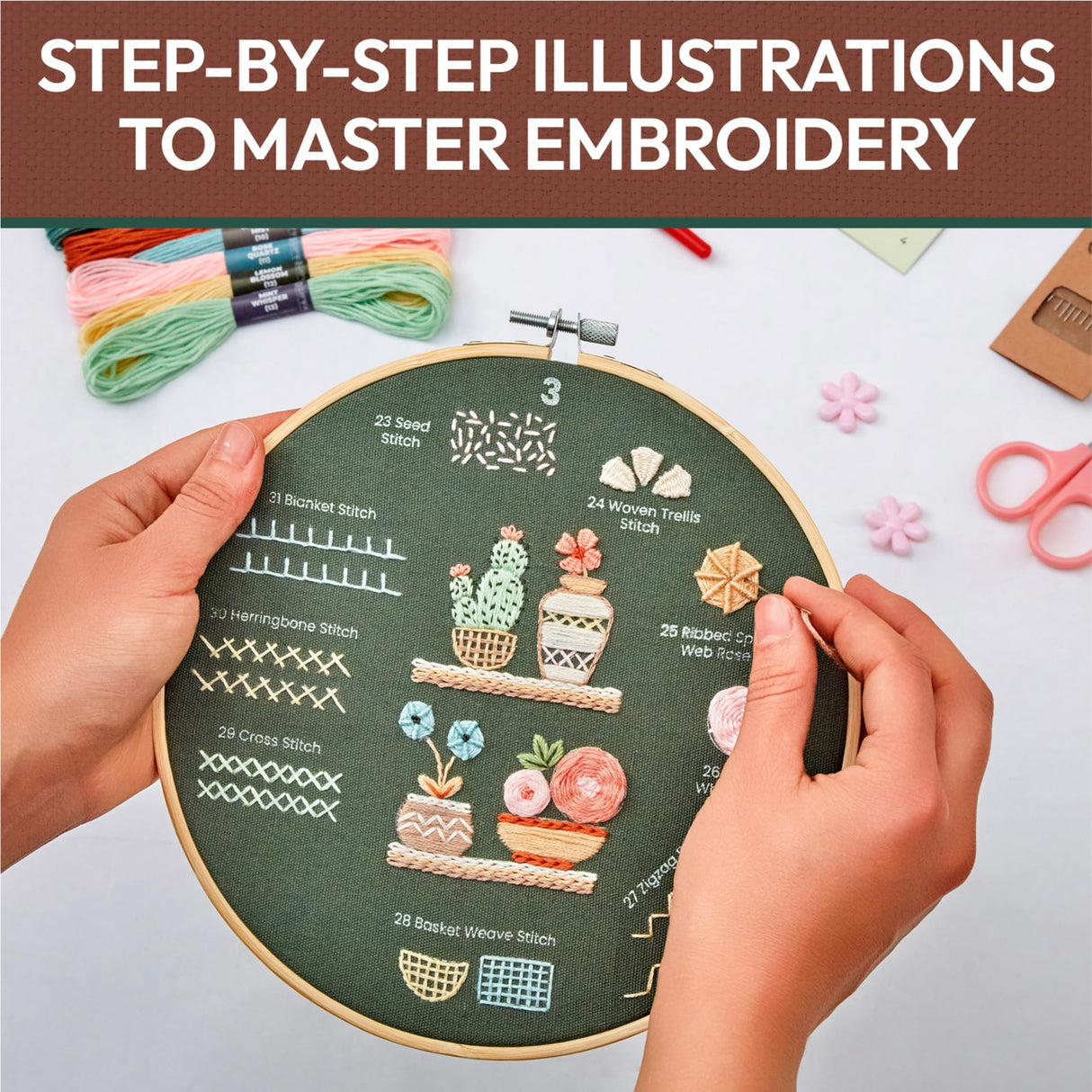 Craftwiz 4-Piece Starter Embroidery Kit for Beginners with Simple Patterns, Learn to Embroider 31 Stitches with Hand Embroidery Kit Craftwiz