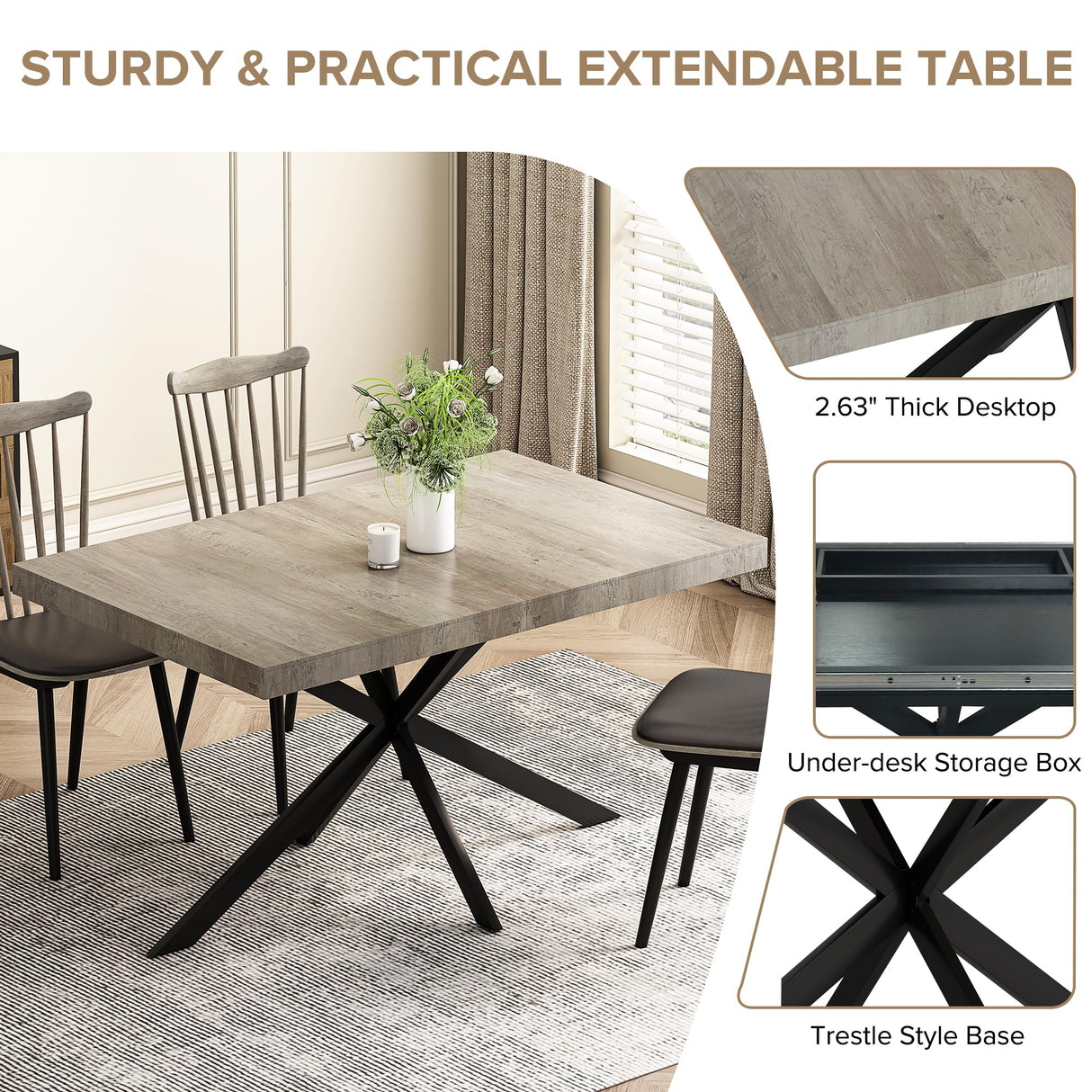 Ufurpie Grey Extendable Dining Room Table for 4 5 6 7 8 People,Large Rectangular Expandable Kitchen Table with Storage Compartment,Industrial Long Wooden Conference Meeting Table,Rustic Grey & Black Ufurpie