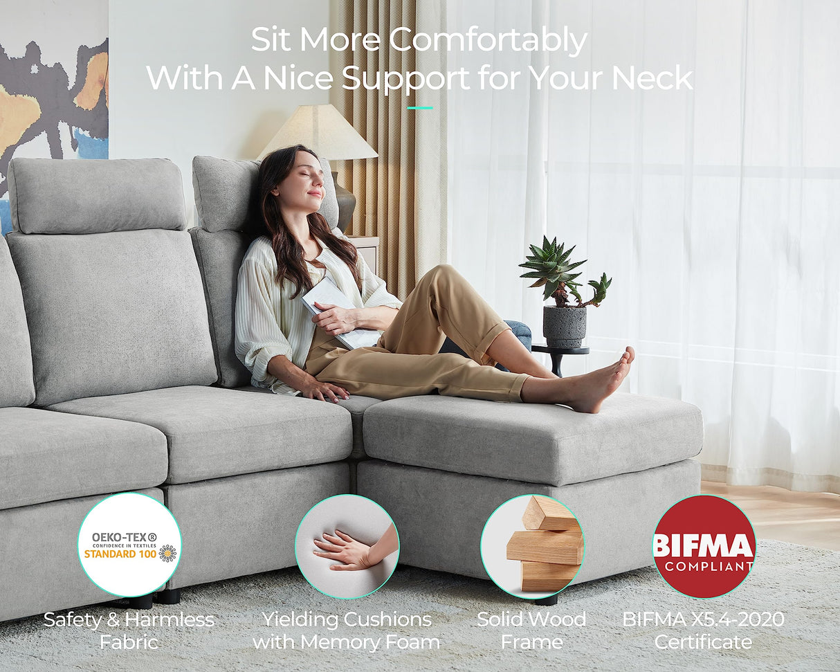 LINSY HOME Modular Sectional Sofa, Upgraded High Back Sectional Couch with 4 Headrests, U Shaped Sleeper Sofa with Storage, Sofa Covers Removable, 6 Seat Couch with Ottoman for Living Room, Grey LINSY HOME