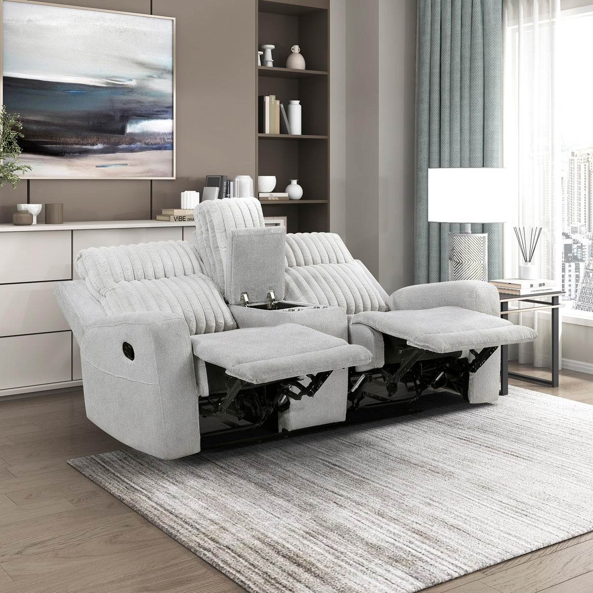 Lexicon Modern Double Recliner Loveseat with Center Console, Manual Wall Hugger Textured Microfiber Love Sac Couch, Plush Corduroy Channel Seat Back, Manual Recliner Loveseat, Light Gray Lexicon