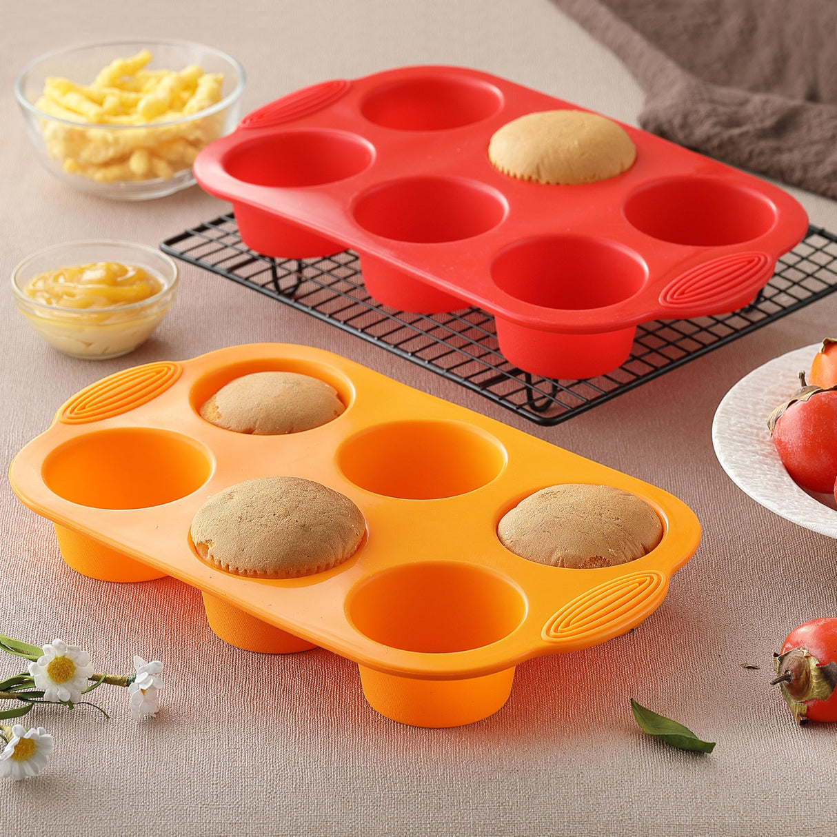 MONGSEW 2PCS Silicone Muffin Cupcake Pan Molds, 6-Cavity Non Stick Silicone Muffin Pans for Baking Muffin, Cupcakes, Brownies and More, Food Grade and BPA Free (Orange and Red) MONGSEW