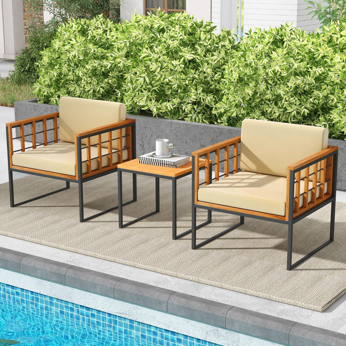 Tangkula 3 Pieces Patio Chair Set, Acacia Wood Outdoor Sofa Set with Metal Support, Soft Seat & Back Cushions Included, Cushioned Bistro Set for Balcony, Porch, Backyard (Beige) Tangkula