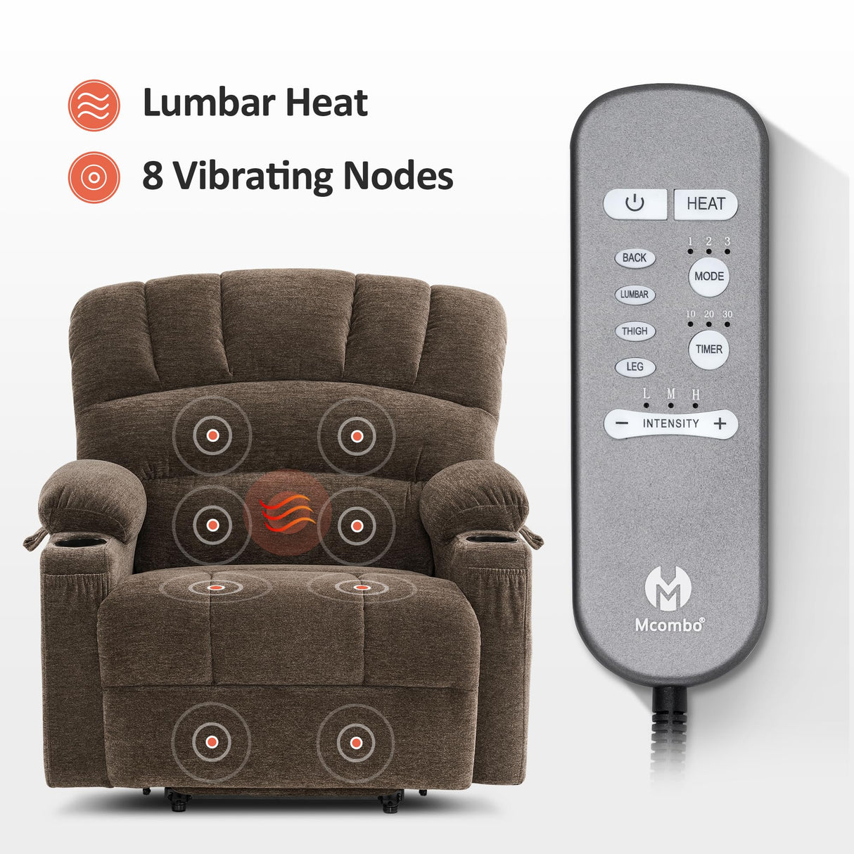 MCombo Power Lift Recliner Chair Sofa with Massage and Heat for Big Elderly People, USB Ports, Side Pockets, Fabric R7096 (Medium-Wide, Coffee) MCombo