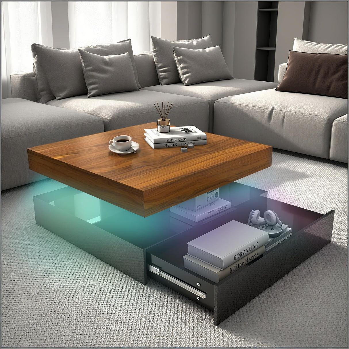 LED Coffee Table for Living Room, 2-Tier Modern Square Center Table with Music Sync Lights, High Gloss Surface, 30 3/4" x 30 3/4" (Rustic Brown+Black) Yeewe