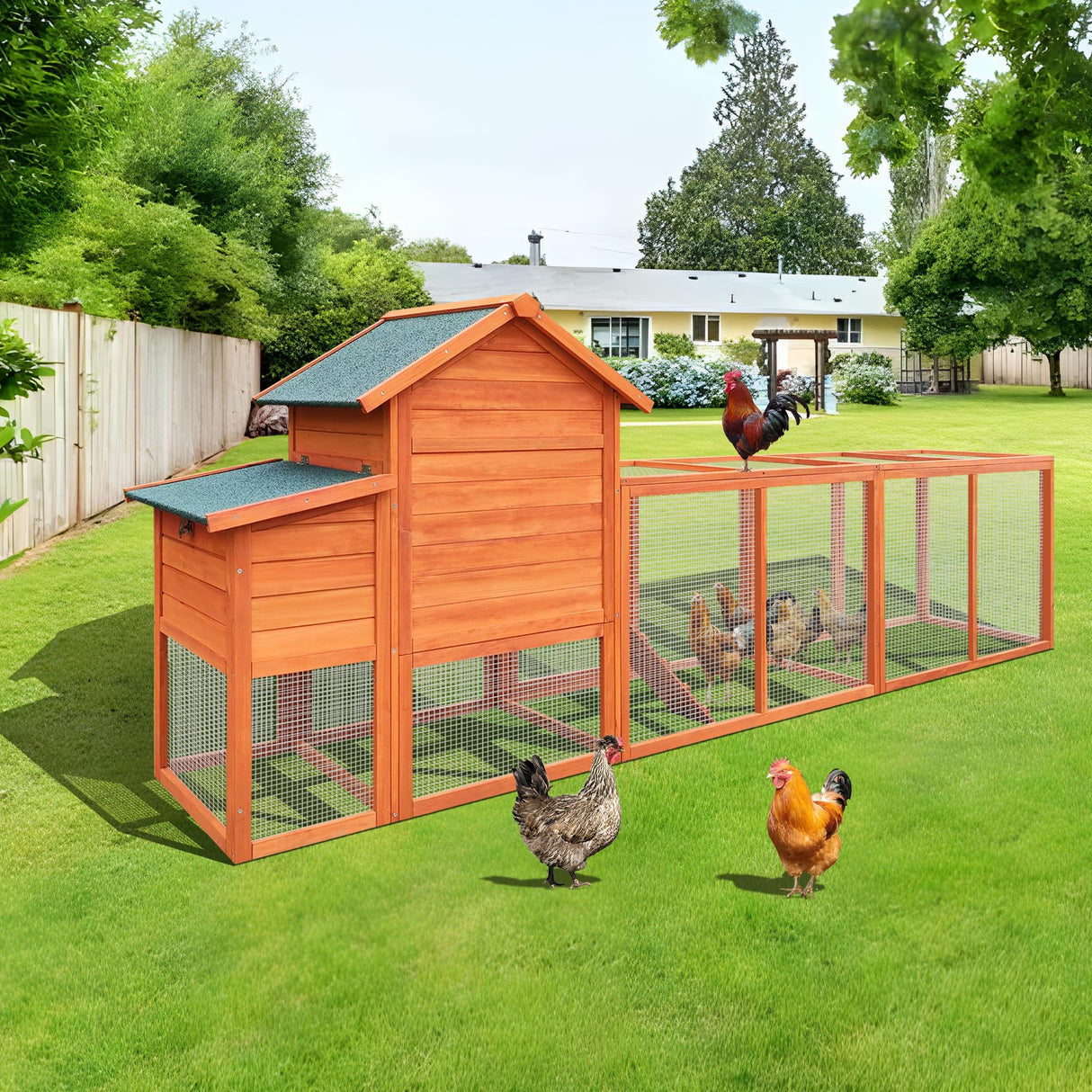 YOPTO 122" Large Chicken Coop with Run,Outdoor Chicken Run W/Nesting Box & Perch,Wooden Hen House W/Ramp & Sliding Trays,Waterproof Poultry Cage W/Sloped Asphalt Roof,for 3-4 Chickens,Natural YOPTO
