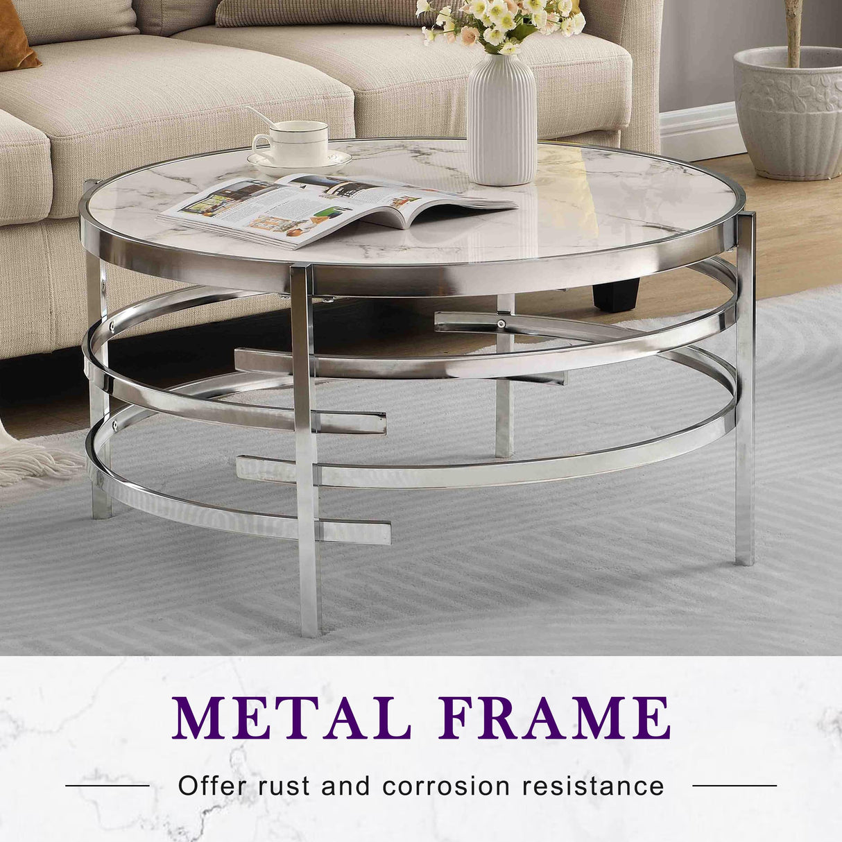 LifeSky Round Modern Coffee Table - 32" Faux Marble Circle Center Table Stone Metal Silver LIFE SKY