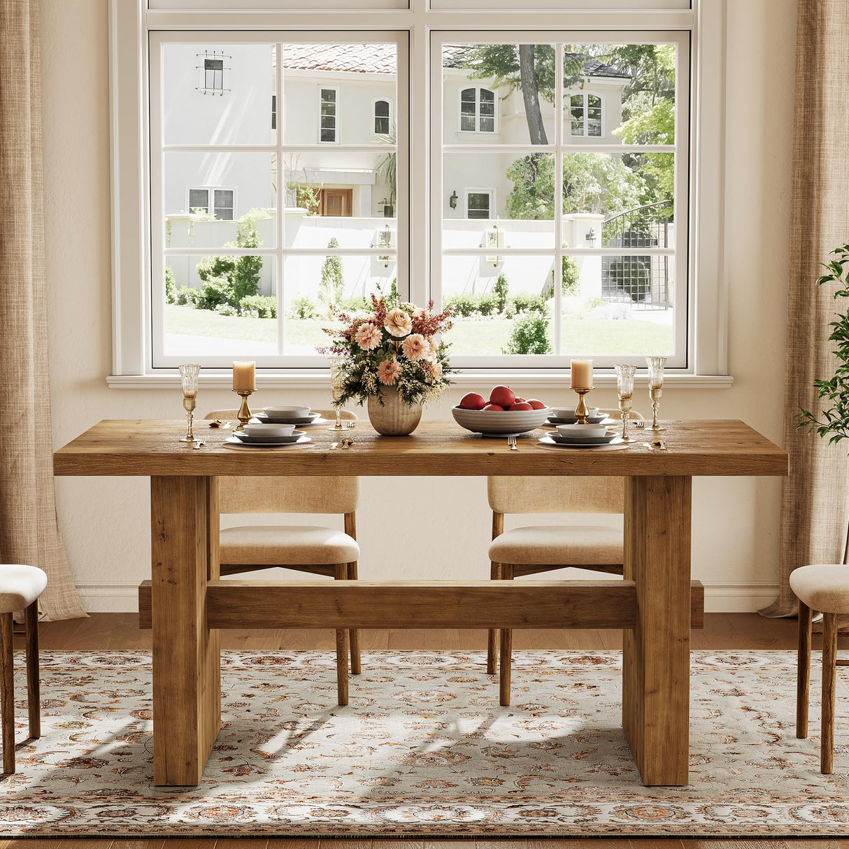 TRIBEWOOD 63 Inch Farmhouse Dining Table, Large Solid Wood Kitchen Table for 6, Rectangular Wood Dinner Table for Dining Room, Living Room, Easy Assembly, Heavy Duty Legs, Light Brown TRIBEWOOD