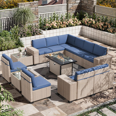 Aukreolis 13 Pieces Patio Furniture Set with Fire Pit Table, Outdoor Sectional Wicker Sofa with Thickened Cushions and Coffee Table, High Back Rattan Patio Conversation Sets, Navy